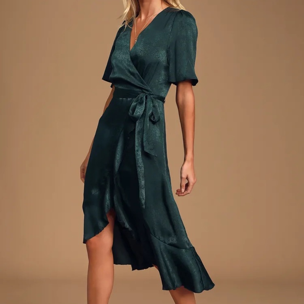 Emerald green satin midi wrap dress